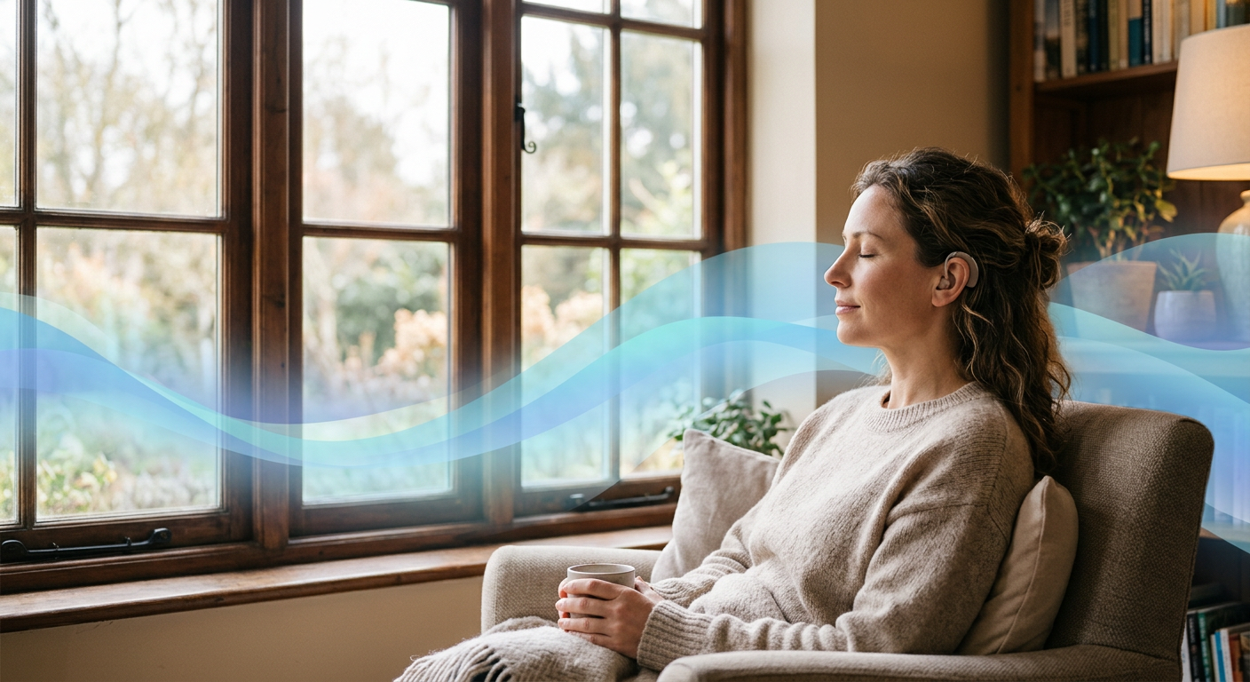A person experiencing calmness and relief from tinnitus.