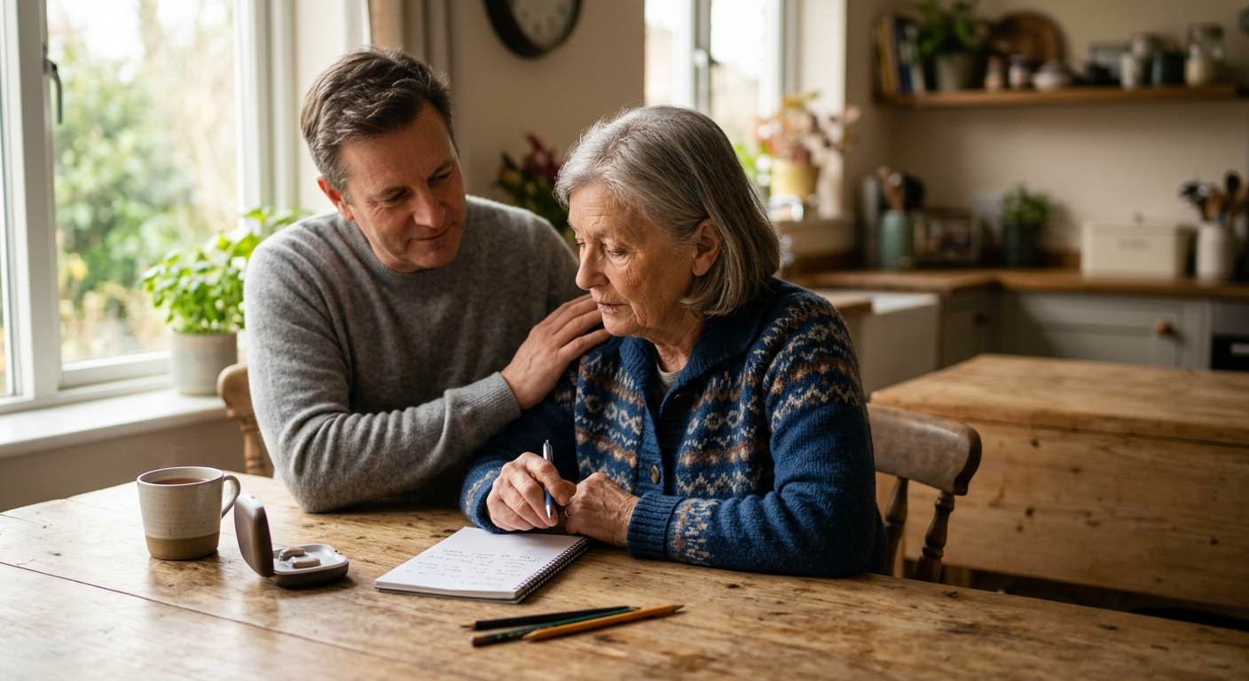 Older adult with a supportive family member discussing hearing and memory concerns at a kitchen table.